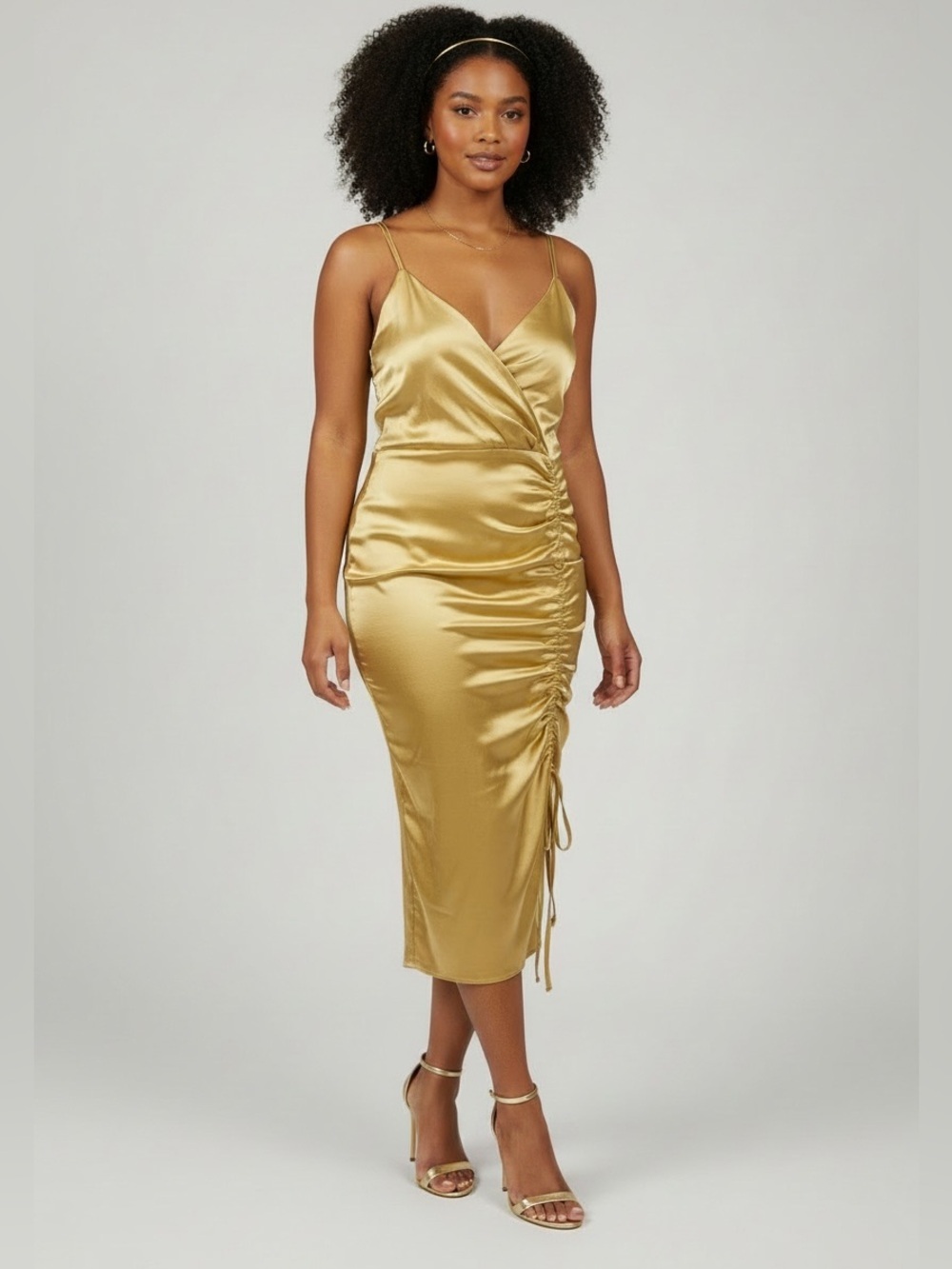 Dance & Marvel Gold Satin Ruched Midi Dress Size L Adjustable Side Slit